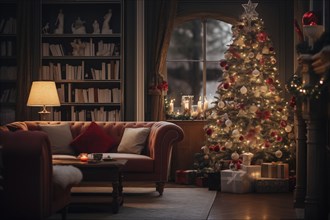 A cozy interior living room decorated for Christmas with a Christmas tree with presents gift boxes.