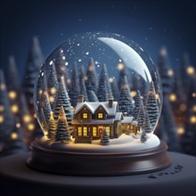 Winter Wonderland with house and trees in Glass Ball Snow Globe on table and blurred bokeh