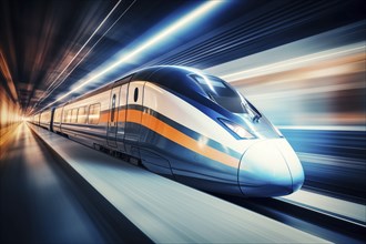 Modern high speed train in a futuristic train station. Modern transportation technology, speed,