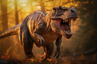 Tyrannosaur rex roaring in a prehistoric forest with lush vegetation, ferns and sunlight, AI