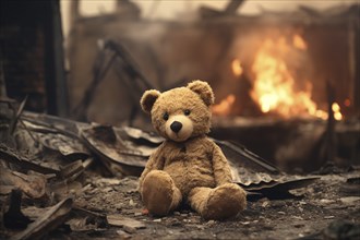 A poignant concept image depicting the tragic impact of war on children. A sad teddy bear toy sits