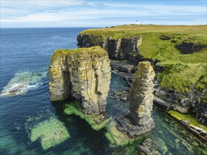 Aerial view of rock towers, surf pillars on the North Sea coast near Wick, County Caithness,