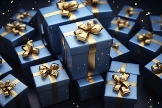 A pile of blue Christmas presents gift boxes close up. The image captures the festive merry and