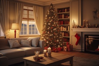 A cozy interior living room decorated for Christmas with a Christmas tree with presents gift boxes.