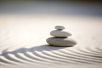 Zen stones stack on raked sand in a minimalist setting for balance and harmony. Balance, harmony,