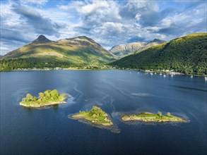 Aerial view of a group of islands in the western part of Loch Leven, far left the history-rich Isle