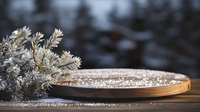 Christmas themed decorative empty wooden base for product item or text display, AI generated