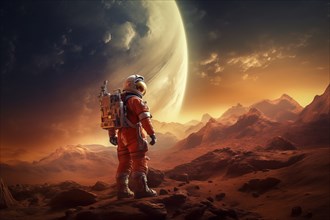 Future space travel mission to Mars, Astronaut in an orange suit walking on the surface of Mars