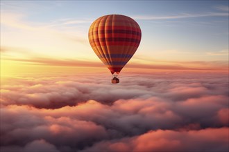 Colorful hot air balloon floats over a sea of clouds at sunset at sunset with orange and blue skies