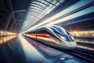 Modern high speed train in a futuristic train station. Modern transportation technology, speed,