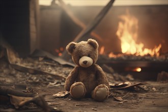 A poignant concept image depicting the tragic impact of war on children. A sad teddy bear toy sits