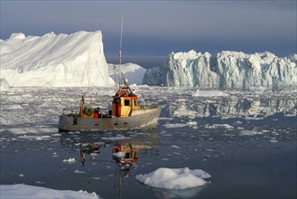 Denmark, Greenland, typical landscape, bizarre ice structure, drift ice, fishing boat, drift ice,