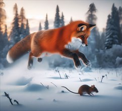 A red fox in winter fur jumping in pursuit of a mouse in the snow in a winter landscape, AI