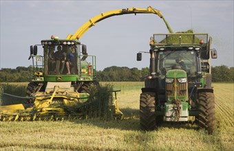 Machinery harvesting a crop of rye to be used as biofuel for electricity generation, Shottisham,