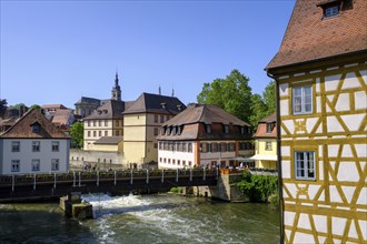 From the town hall to the left arm of the Regnitz, with Geyerswörthsteg, Bamberg, Upper Franconia,