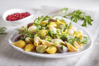 Conchiglie colored pasta with fresh greengrocery on a linen tablecloth on white wooden background.