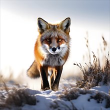 Red fox mid hunt front view on snow, AI generated