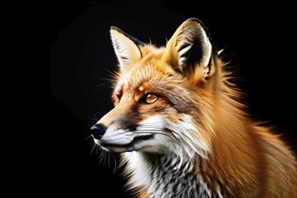 Red fox portrait on isolated black background, AI generated