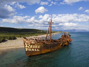 Drone shot, Dimitrios shipwreck, Glyfada beach, Selinitsa, Gythio, Githio, Gythion, Mani, Lakonia,