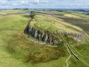 Aerial view of Hadrian's Wall, Steel Rigg, Haltwhistle, Northumberland, England, Great Britain