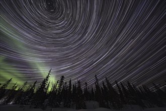 Star trails with Northern Lights over Pallas YllÃ¤stunturi National Park, Lapland, Finland, Europe