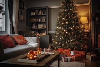 A cozy interior living room decorated for Christmas with a Christmas tree with presents gift boxes.