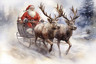 A watercolor drawing illustration of Santa Claus sleigh ride with reindeer, in the style of