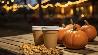 Cups of hot apple cider, hot chocolate or coffee at an outdoor fall decorated party, AI generated