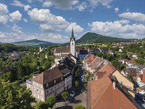 Aerial view of the old town of Engen, on the horizon the Hegauberge Hohenhewen and Hohenstoffeln,