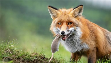 A red fox with its prey, a mouse, in its mouth, AI generated