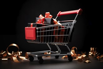 A black Friday Sale concept, black present boxes with red ribbons in shopping cart on a black