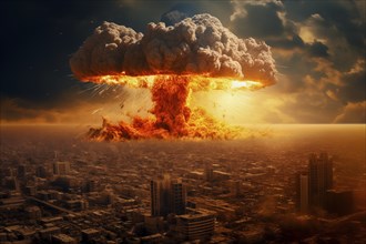 Nuclear blast and mushroom cloud in a city skyline. The explosion is destroying buildings and