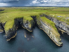 Aerial view of the ruined Castle of Old Wick surrounded by rugged cliffs on the North Sea coast,