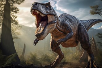 Tyrannosaur rex roaring in a prehistoric forest with lush vegetation, ferns and sunlight, AI