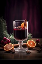 Glass of traditional mulled wine with orange and cranberry garnishes on a cozy Christmas table. The