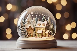 Winter Wonderland with house and trees in Glass Ball Snow Globe on table and blurred bokeh