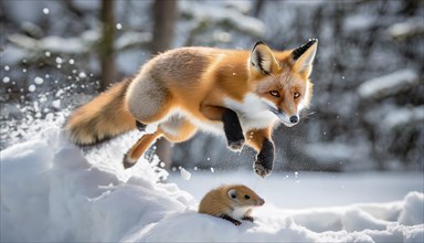 A red fox in winter fur jumping in pursuit of a mouse in the snow in a winter landscape, AI