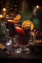 Two glasses of traditional mulled wine with orange and cranberry garnishes on a cozy Christmas