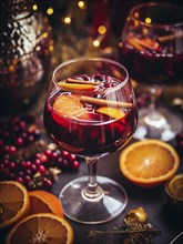 Glass of traditional mulled wine with orange and cranberry garnishes on a cozy Christmas table. The