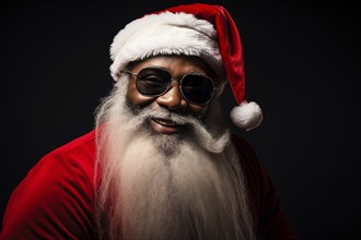 Modern black Santa Claus in Santa hat with sunglasses and long white beard, smiling while looking