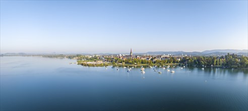 Aerial panorama of the town of Radolfzell on Lake Constance, Constance district, Baden-Württemberg,