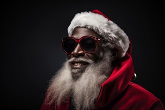 A modern black Santa Claus in Santa hat with sunglasses and a long white beard, smiling looking at