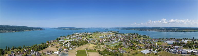 Aerial panorama of the western part of the island of Reichenau, on the horizon from the left the