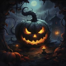 Halloween concept, Halloween jack-o-lantern with glowing eyes, and spooky haunted house at night