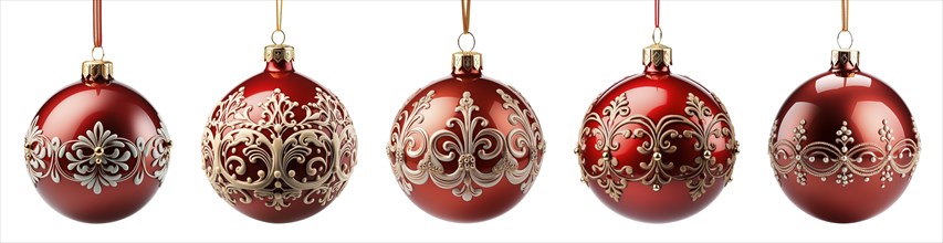 Set of beautifully decorative red christmas tree ornaments isolated on white. generative AI