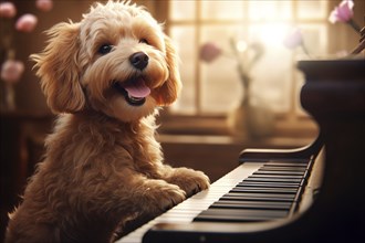 Cute puppy dog musical prodigy playing piano backlit from window, AI generated