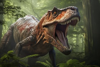 Tyrannosaur rex roaring in a prehistoric forest with lush vegetation, ferns and sunlight, AI