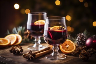 Two glasses of traditional mulled wine with orange and cranberry garnishes on a cozy Christmas