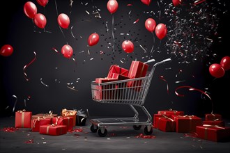 A black Friday Sale concept, black present boxes with red ribbons in shopping cart on a black