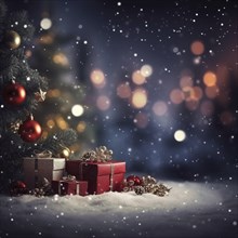 A pile of Christmas presents gift boxes under Christmas tree on winter snow background. The image